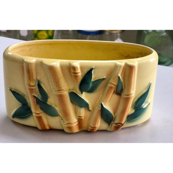 Vintage Royal Copley Bamboo Planter Yellow Green Leaves - Picture 1 of 7